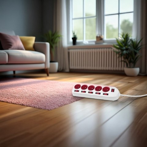 Maclean Listwa zasilająca 5 gniazd z włącznikami MCE204 R/W Biało-czerwona