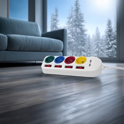 Maclean Listwa zasilająca z wyłącznikami 4 gniazda + 2xUSB przedłużacz MCE229W Biała