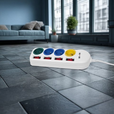Maclean Listwa zasilająca z wyłącznikami 4 gniazda + 2xUSB przedłużacz MCE229W Biała