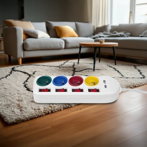 Maclean Listwa zasilająca z wyłącznikami 4 gniazda + 2xUSB przedłużacz MCE229W Biała