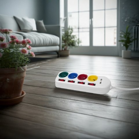 Maclean Listwa zasilająca z wyłącznikami 4 gniazda + 2xUSB przedłużacz MCE229W Biała