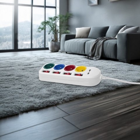 Maclean Listwa zasilająca z wyłącznikami 4 gniazda + 2xUSB przedłużacz MCE229W Biała