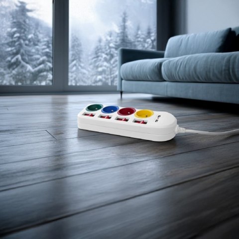 Maclean Listwa zasilająca z wyłącznikami 4 gniazda + 2xUSB przedłużacz MCE229W Biała