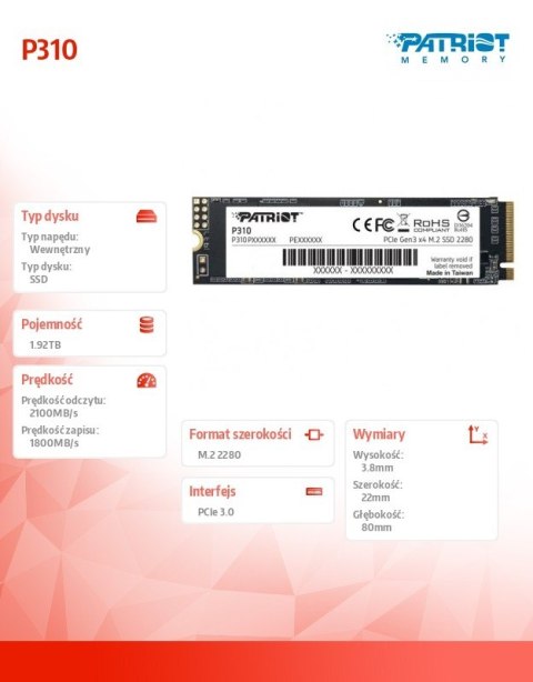 Patriot Dysk SSD 1.92TB P310 PCIe M.2 Gen3 x4 NVMe 2100/1800MB/s