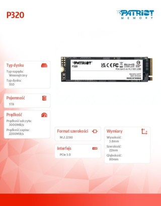 Patriot Dysk SSD 1TB P320 PCIe M.2 Gen3 x4 NVMe 3000/2200MB/s