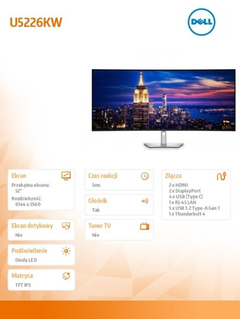 Dell Monitor U5226KW 52 cale IPS Black Curved 6K 120Hz (6144×2560) / 21:9 / 2xDP / 2xHDMI /Thunderbolt 4 /5x USB-C/5xUSB/3Y