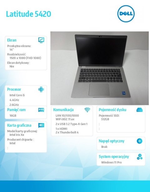 Dell Laptop poleasingowy DELL Latitude 5420 Core i5-1145G7 (11-gen.) 2.6GHz / 16 GB / SSD 512GB / 14 cali FullHD / Win 11 Prof. / BOX