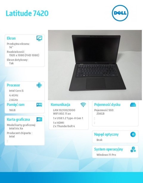Dell Laptop poleasingowy DELL Latitude 7420 Core i5-1145G7 (11-gen.) 2.6GHz / 16 GB / 256GB SSD / 14 cali FullHD dotykowy / WIN11 Pro