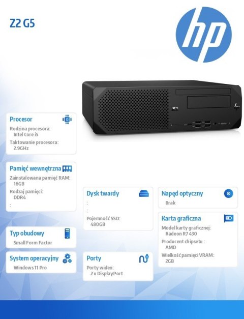HP Inc. Komputer poleasingowy Z2 G5 SFF Core i5-10400F (10-Gen.) 2,9 GHz (6rdzeni)/16 GB/480GB SSD NVME (nowy)/Win11Pro/Radeon R7 430 2G