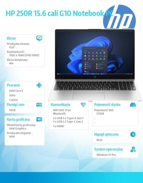 HP Inc. Laptop 250R G10 5-120U 512GB/16GB/W11P/15,6 cala D4TJ1ET