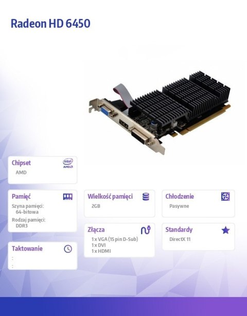 AFOX Karta graficzna Radeon HD 6450 2GB DDR3 64Bit DVI HDMI VGA LP