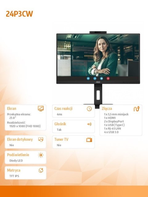 AOC Monitor 24P3CW 23.8 cali IPS HDMI DP USB-C Pivot Kamera