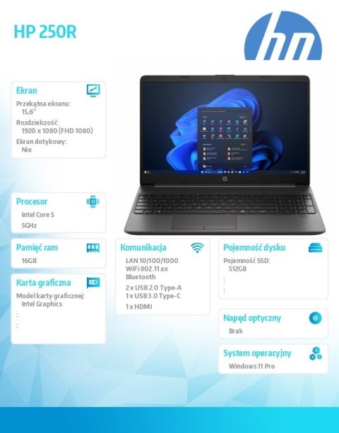 HP Inc. Laptop 250R G9 5-120U 512GB/16GB/Windows11Pro/15,6 cala D0MG5ET