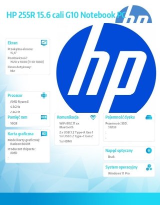 HP Inc. Laptop 255R G10 R5-7535U 512GB/16GB/W11P/15,6 cali D4TH8ET