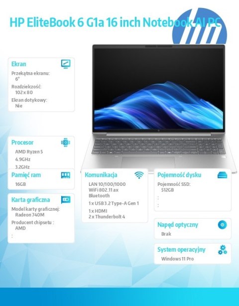 HP Inc. Laptop EliteBook 6 G1a R5-220 512GB/16GB/W11P/16.0 C51GSET