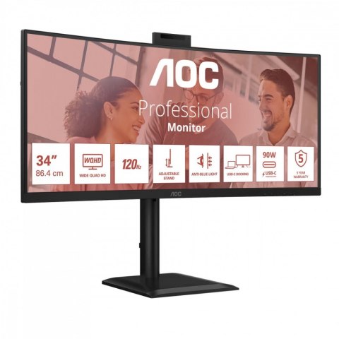 AOC Monitor 34 cale CU34E4CW Curved VA 120Hz HDMIx2 DP RJ45 USB-C HAS Kamera