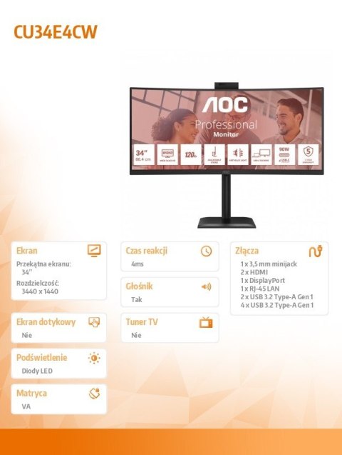 AOC Monitor 34 cale CU34E4CW Curved VA 120Hz HDMIx2 DP RJ45 USB-C HAS Kamera