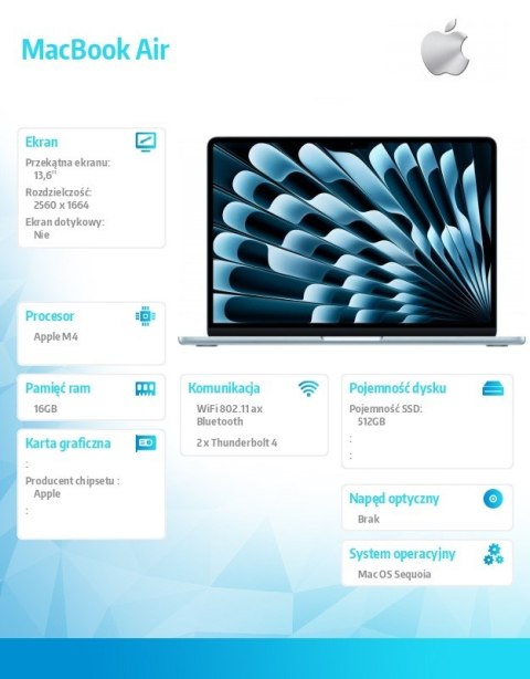 Apple MacBook Air 13.6 cala: M4 10/10, 16GB, 512GB SSD, 35W, US - Błękitny