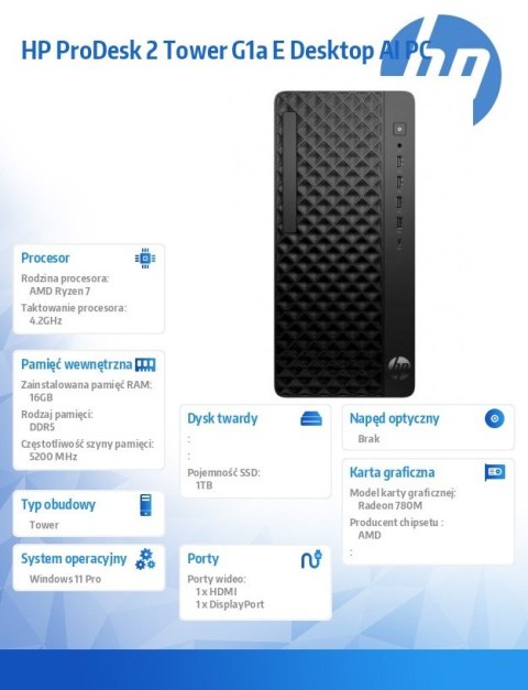 HP Inc. Komputer ProDesk 2 Tower G1a R7-8700G 1TB/16GB/W11P BY7D8ET