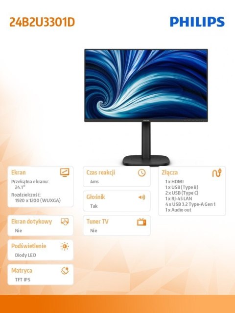 Philips Monitor 24B2U3301D 24.1 cala IPS 100Hz HDMI DP USB-C RJ45 Pivot