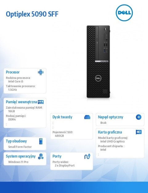Dell Komputer poleasingowy Optiplex 5090 SFF Core i5-11500T (11-Gen.) 1,5GHz / 480 GB SSD / 16 GB / Win11 Prof. / 2-LATA GWARANC