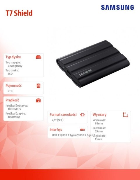 Samsung Dysk SSD T7 Shield 2TB USB 3.2, czarny