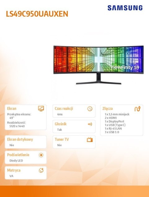 Samsung Monitor 49 cali ViewFinity S95UC VA 5120x1440 DQHD 32:9 2xHDMI 1xDP 1xUSB-C (90W) 3xUSB 3.0 LAN 5ms PinP/PbyP 120Hz HAS gł. zakr