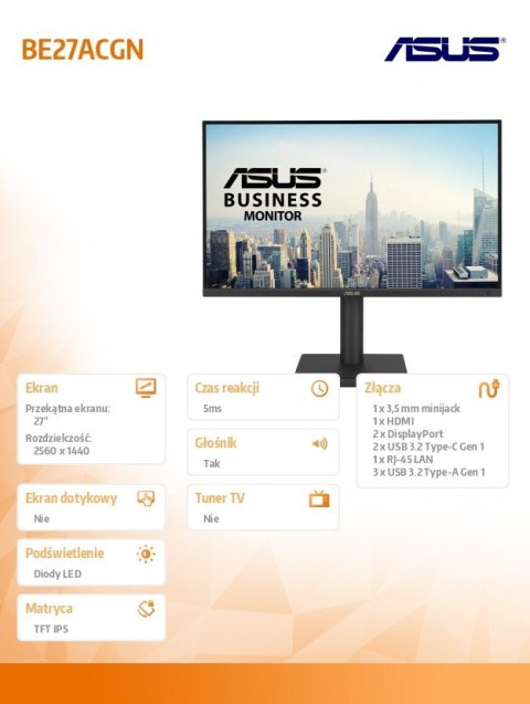 Asus Monitor 27 cali BE27ACGN IPS QHD HDMI USB DP RJ45