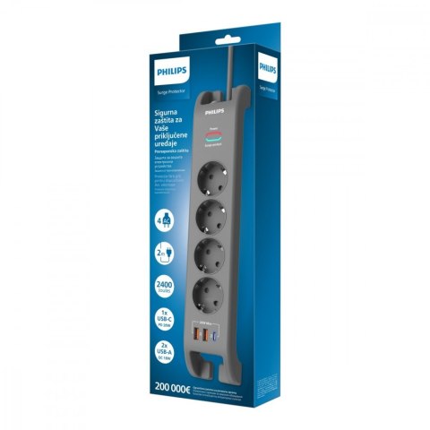 Philips Listwa antyprzepięciowa 2m, 4 gniazda schuko, 1xUSB-C, 2xUSB-A, PD 20W / QC 18W, 2400 J ochrony przeciwprzepięciowej