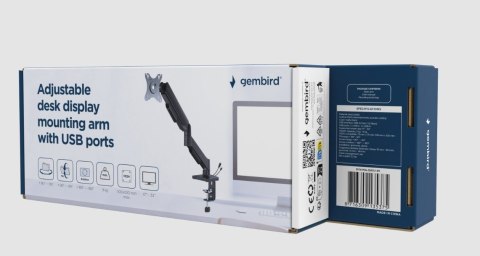 Gembird Ramię biurkowe na jeden monitor z portami USB, regulowane, od 17 do 32 cali, obciążenie do 9kg