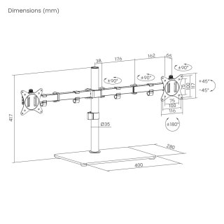 Gembird Stojak biurkowy na dwa monitory (regulowany), 17-32 cale, do 9 kg