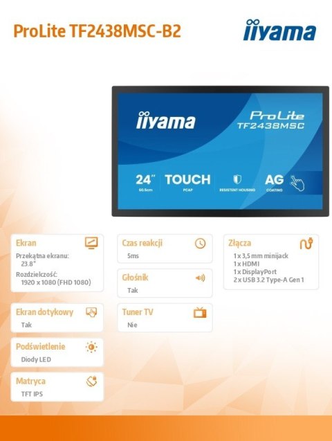 IIYAMA Monitor 24 cale TF2438MSC-B2 IPS,FHD,DP,HDMI,2x2W,2xUSB,600(cd/m2), 10pkt.7H,IP1X(FRONT),PION/POZIOM, 120Hz