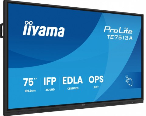 IIYAMA Monitor interaktywny 75 cali TE7513A-B2AG INFRARED,40pkt,IPS,4K,7H,500cd/m2, WiFi,USB, ANDROID 14, Google EDLA,2x20W, UCHWY