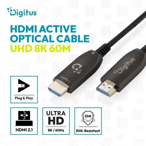 Digitus Kabel połączeniowy hybrydowy HDMI AOC | HDMI-A męski-męski | HDMI 2.1 | UHD-2 8K@60Hz | 48Gbps |HDR, eARC, HDCP 2.2, CEC | 60m