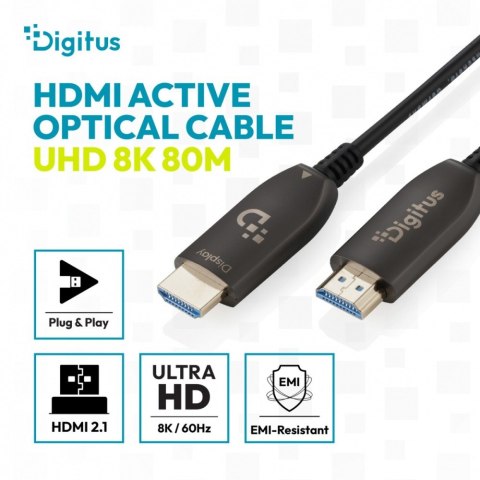 Digitus Kabel połączeniowy hybrydowy HDMI AOC | HDMI-A męski-męski | HDMI 2.1 | UHD-2 8K@60Hz | 48Gbps |HDR, eARC, HDCP 2.2, CEC | 80m