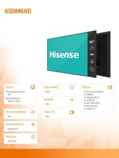 Hisense Monitor 65DM66D 65 cali 4K UHD IPS Digital Signage Display 24/7