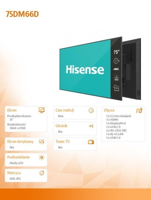 Hisense Monitor 75DM66D 75 cali 4K UHD IPS Digital Signage Display 24/7