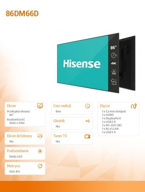 Hisense Monitor 86DM66D 86 cali 4K UHD IPS Digital Signage Display 24/7