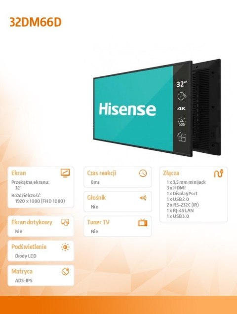 Hisense Monitor LFD 32DM66D 32 cale Full HD Digital Signage Display 24/7