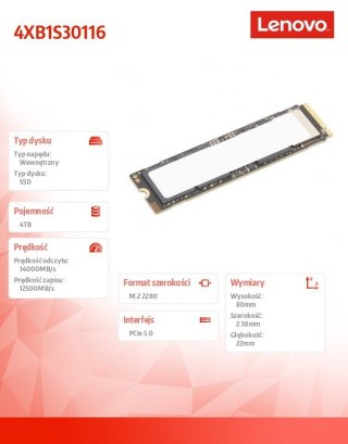 Lenovo Dysk ThinkStation 4TB Performance PCIe Gen5 NVMe OPAL M.2 2280 SSD 4XB1S30116