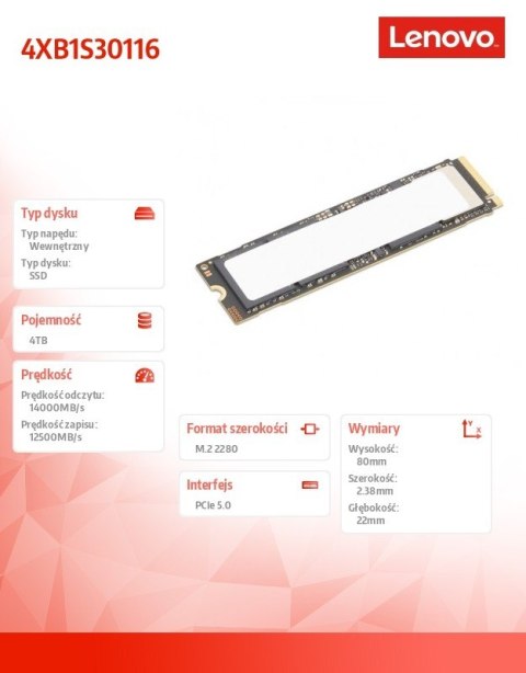 Lenovo Dysk ThinkStation 4TB Performance PCIe Gen5 NVMe OPAL M.2 2280 SSD 4XB1S30116