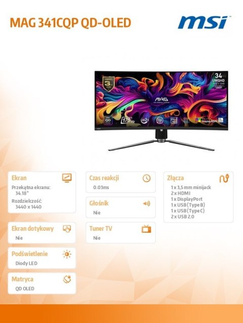 MSI Monitor MAG 341CQP QD-OLED 34 cale/QD-LED/UWQHD/Zakrzywiony/175Hz/Czarny
