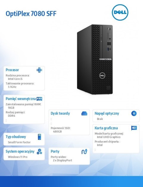 Dell Komputer poleasingowy Optiplex 7080 SFF Core i5-10500 (10-gen.) 3,1GHz / 16 GB / 480 GB SSD / Win 11 Prof.