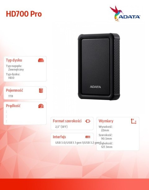 Adata Dysk twardy Durable HD700 Pro 1TB USB3.2 czarny