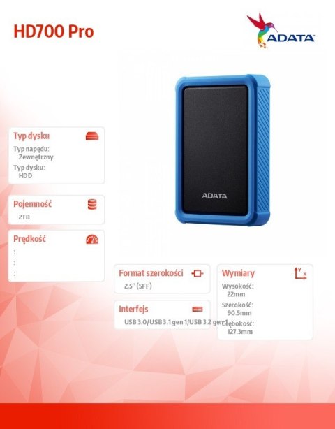 Adata Dysk twardy Durable HD700 Pro 2TB USB3.2 niebieski