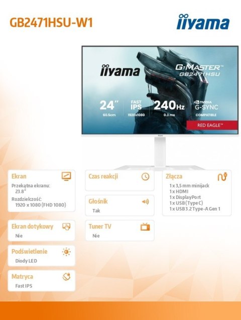 IIYAMA Monitor 23.8 cala GB2471HSU-W1 IPS,FHD,240Hz,2xHDMI,DP,1xUSB 3.2, 1xUSB C, Adaptive G-SYNC - 1920 x 1080 @48-240Hz DisplayP