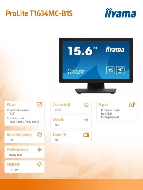 IIYAMA Monitor 15.6 cala T1634MC-B1S IPS,poj.10pkt.450cd,IP65,7H,VGA,HDMI,DP