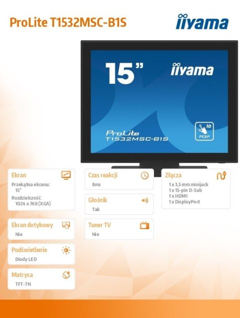 IIYAMA Monitor 15 cali T1532MSC-B1S POJ.10PKT.IP54,HDMI,DP,VGA,2x1W