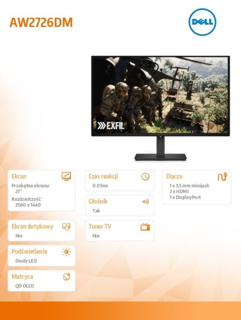 Dell Monitor gamingowy Alienware AW2726DM 27 cali IPS QHD/16:9/DP/HDMI/3Y