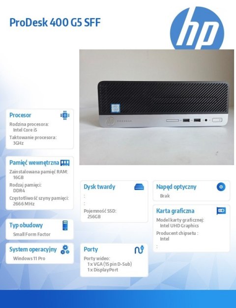 HP Inc. Komputer poleasingowy ProDesk 400 G5 SFF Core i5 8500 (8-gen.) 3,0 GHz / 16 GB / SSD 256GB NVME / Win 11 Prof.